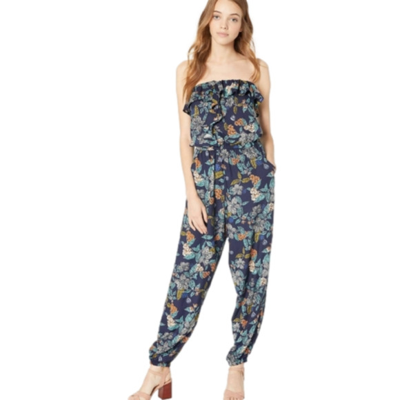 Angie Strapless Jogger Leg Jumpsuit Navy Floral size M - Picture 1 of 7